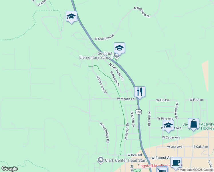 map of restaurants, bars, coffee shops, grocery stores, and more near 1990 North Meteor Drive in Flagstaff