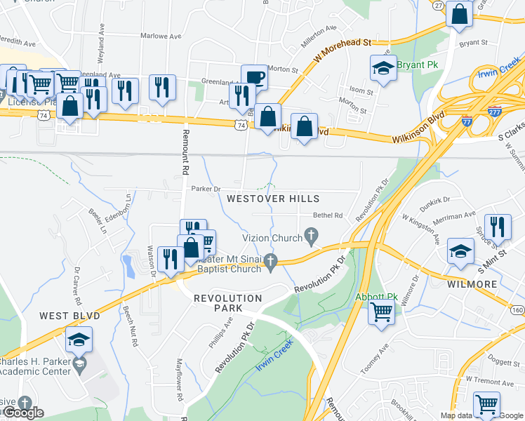 map of restaurants, bars, coffee shops, grocery stores, and more near 1354 Bethel Road in Charlotte