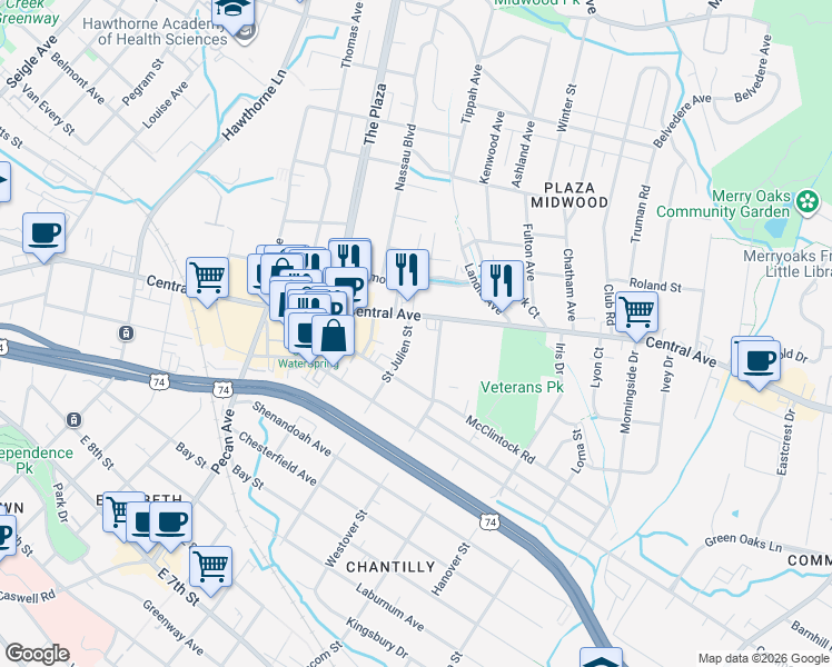 map of restaurants, bars, coffee shops, grocery stores, and more near in Charlotte