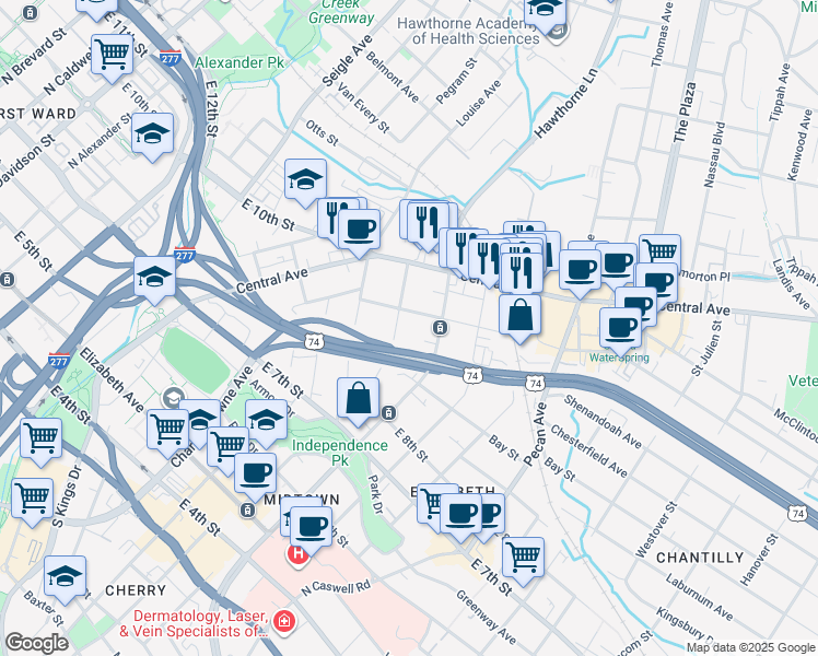 map of restaurants, bars, coffee shops, grocery stores, and more near 1610 Sunnyside Avenue in Charlotte