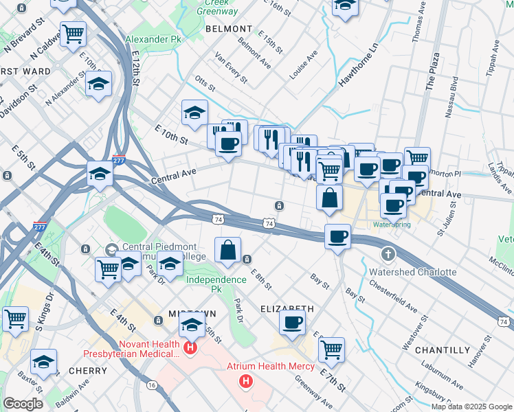 map of restaurants, bars, coffee shops, grocery stores, and more near 1610 Sunnyside Avenue in Charlotte