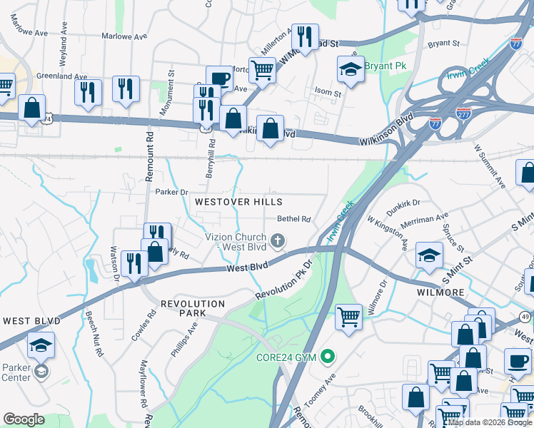 map of restaurants, bars, coffee shops, grocery stores, and more near 1219 Skyview Road in Charlotte