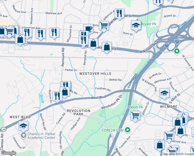 map of restaurants, bars, coffee shops, grocery stores, and more near 1315 Skyview Road in Charlotte
