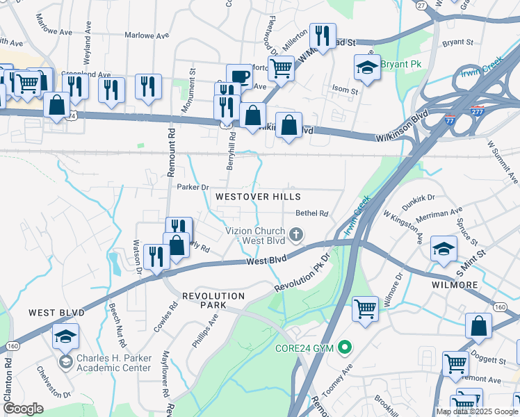 map of restaurants, bars, coffee shops, grocery stores, and more near 1354 Bethel Road in Charlotte