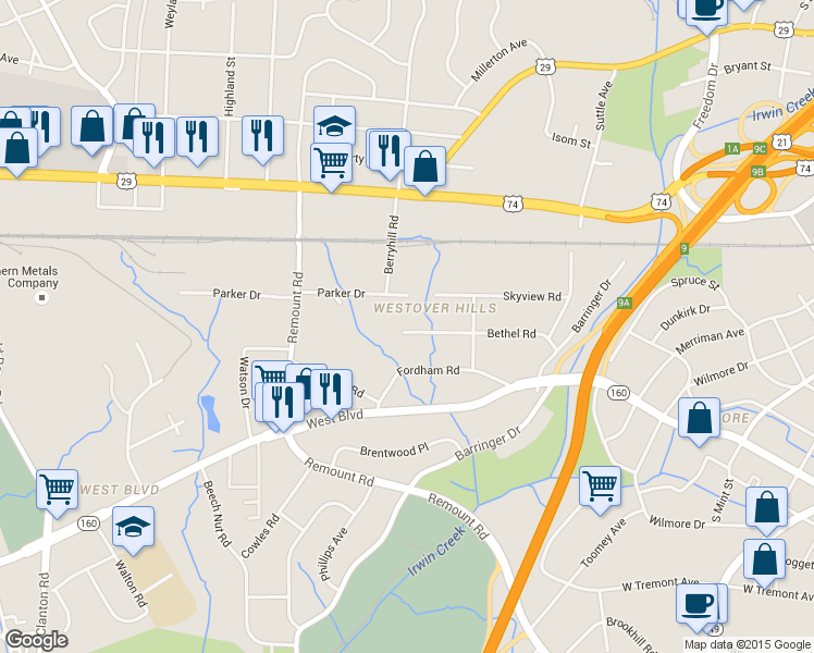 map of restaurants, bars, coffee shops, grocery stores, and more near 1354 Bethel Road in Charlotte