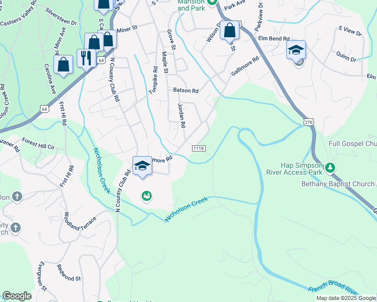 map of restaurants, bars, coffee shops, grocery stores, and more near 144 Mountain Glen Drive in Brevard