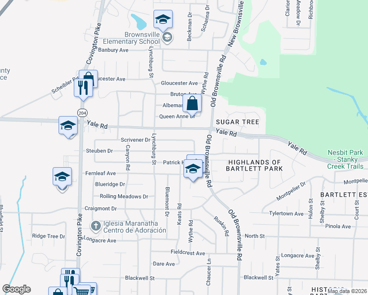 map of restaurants, bars, coffee shops, grocery stores, and more near 5322 Scrivener Drive in Bartlett