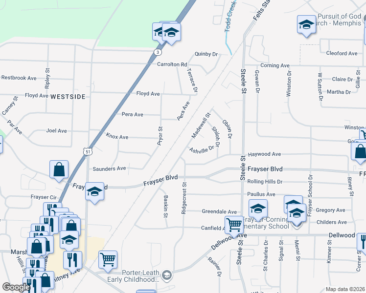 map of restaurants, bars, coffee shops, grocery stores, and more near 3457 Madewell Street in Memphis