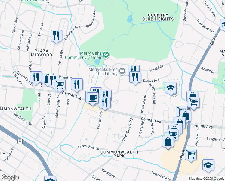 map of restaurants, bars, coffee shops, grocery stores, and more near in Charlotte