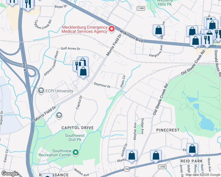 map of restaurants, bars, coffee shops, grocery stores, and more near in Charlotte