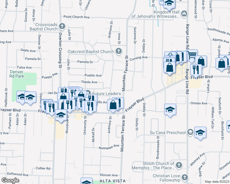 map of restaurants, bars, coffee shops, grocery stores, and more near 3461 Mountain Terrace Street in Memphis