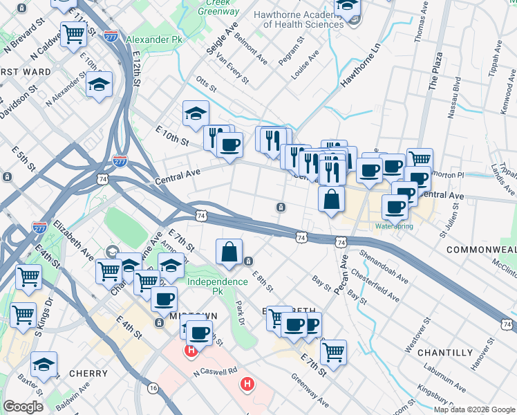 map of restaurants, bars, coffee shops, grocery stores, and more near 1610 Sunnyside Avenue in Charlotte
