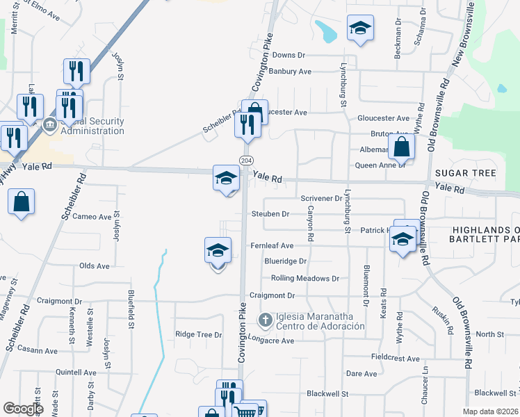 map of restaurants, bars, coffee shops, grocery stores, and more near 3453 Gatewood Drive in Memphis