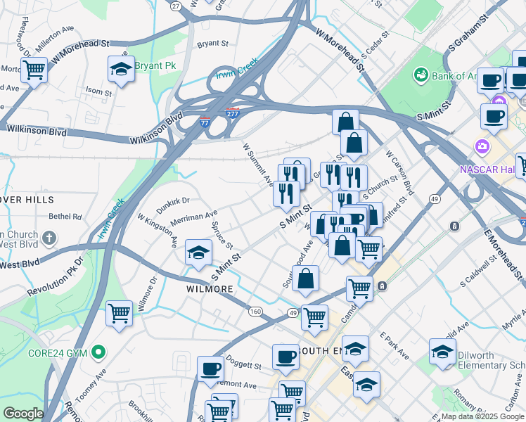 map of restaurants, bars, coffee shops, grocery stores, and more near 1530 Wilmore Drive in Charlotte