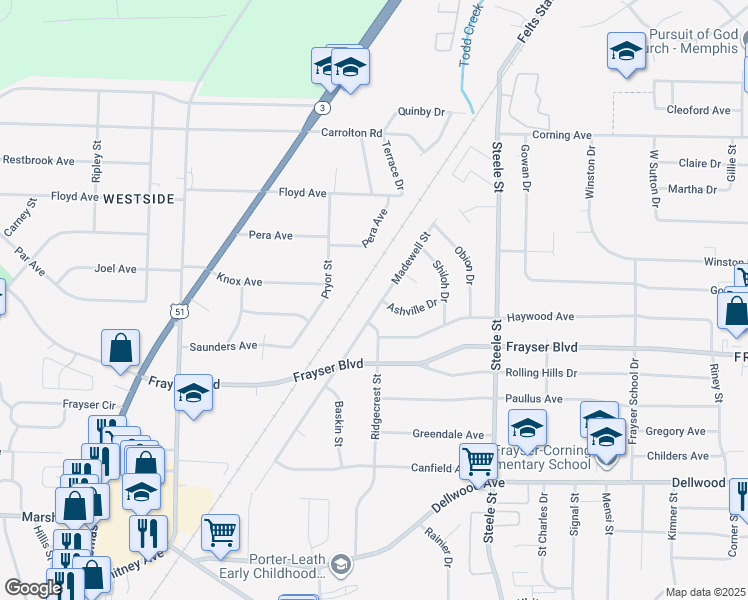 map of restaurants, bars, coffee shops, grocery stores, and more near 3457 Madewell Street in Memphis