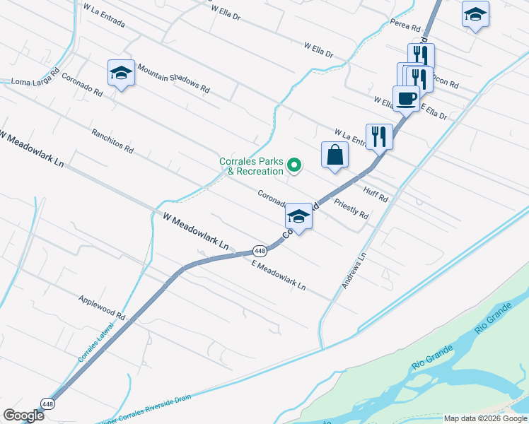 map of restaurants, bars, coffee shops, grocery stores, and more near 112 Coronado Road in Corrales
