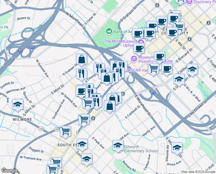 map of restaurants, bars, coffee shops, grocery stores, and more near 1120 South Tryon Street in Charlotte
