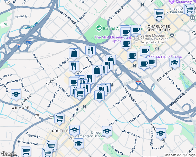 map of restaurants, bars, coffee shops, grocery stores, and more near 1120 South Tryon Street in Charlotte