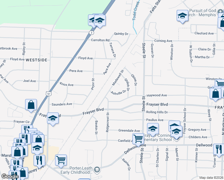 map of restaurants, bars, coffee shops, grocery stores, and more near 3457 Madewell Street in Memphis