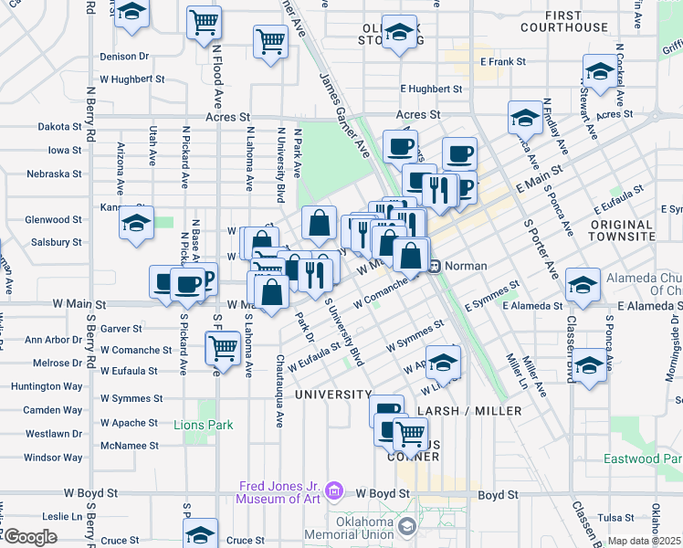 map of restaurants, bars, coffee shops, grocery stores, and more near 300 West Gray Street in Norman