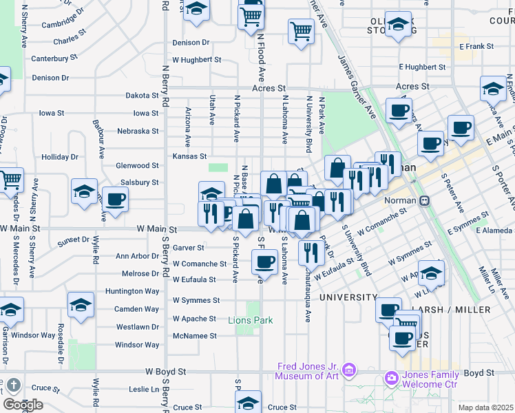map of restaurants, bars, coffee shops, grocery stores, and more near 218 North Flood Avenue in Norman