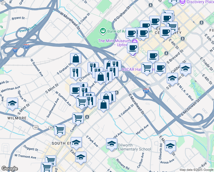 map of restaurants, bars, coffee shops, grocery stores, and more near 111 East Carson Boulevard in Charlotte