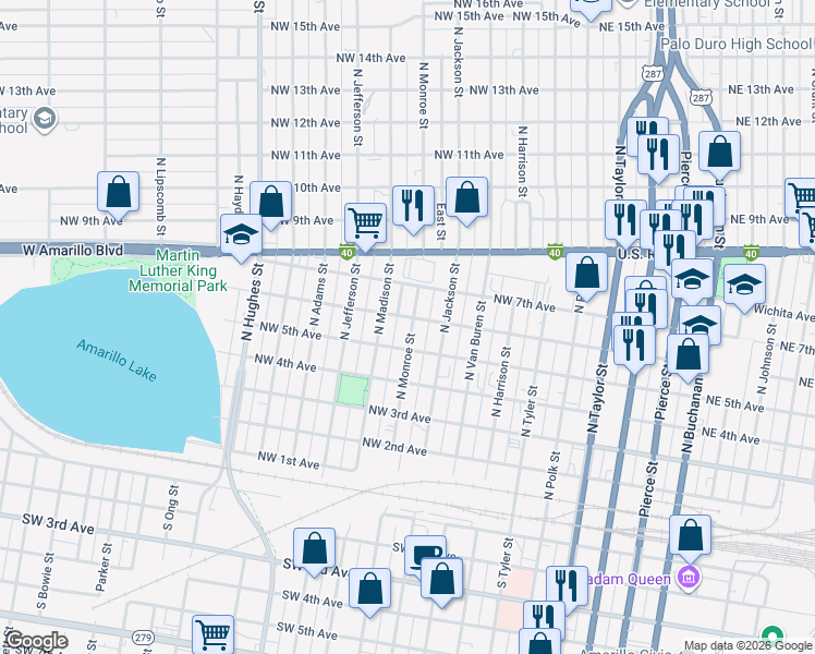 map of restaurants, bars, coffee shops, grocery stores, and more near 600 North Monroe Street in Amarillo