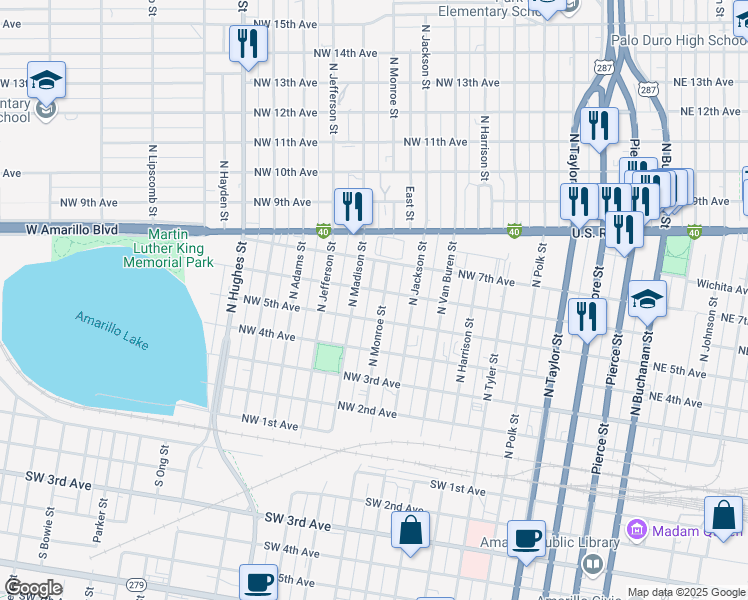 map of restaurants, bars, coffee shops, grocery stores, and more near 600 North Monroe Street in Amarillo