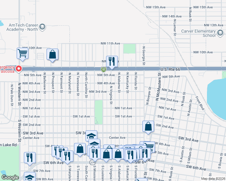 map of restaurants, bars, coffee shops, grocery stores, and more near 306 N Virginia St in Amarillo