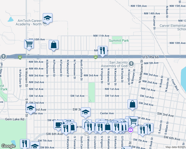 map of restaurants, bars, coffee shops, grocery stores, and more near 307 North Louisiana Street in Amarillo
