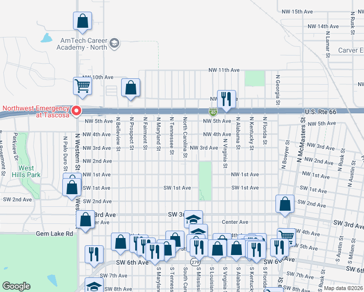 map of restaurants, bars, coffee shops, grocery stores, and more near 306 North Tennessee Street in Amarillo