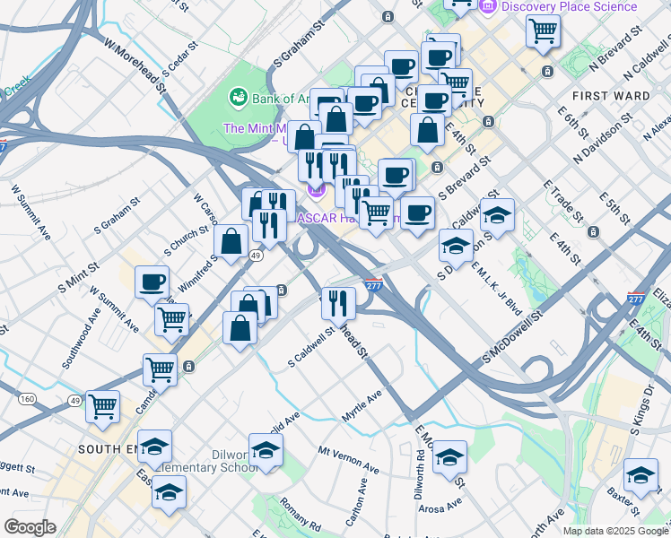 map of restaurants, bars, coffee shops, grocery stores, and more near 309 East Morehead Street in Charlotte