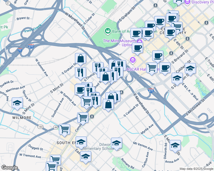 map of restaurants, bars, coffee shops, grocery stores, and more near 106 West Carson Boulevard in Charlotte