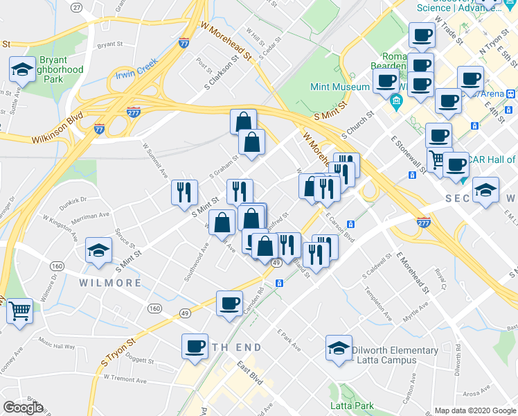 map of restaurants, bars, coffee shops, grocery stores, and more near in Charlotte