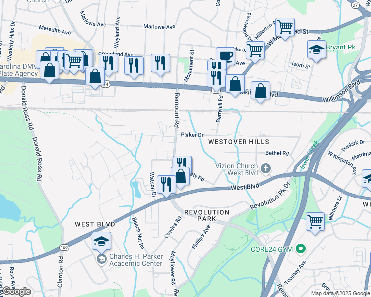 map of restaurants, bars, coffee shops, grocery stores, and more near 1838 Remount Road in Charlotte