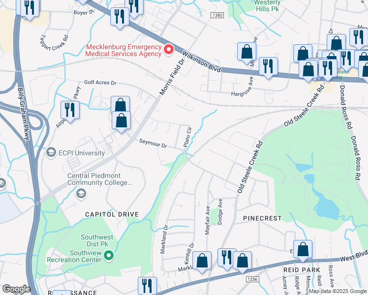 map of restaurants, bars, coffee shops, grocery stores, and more near 4016 Plato Circle in Charlotte