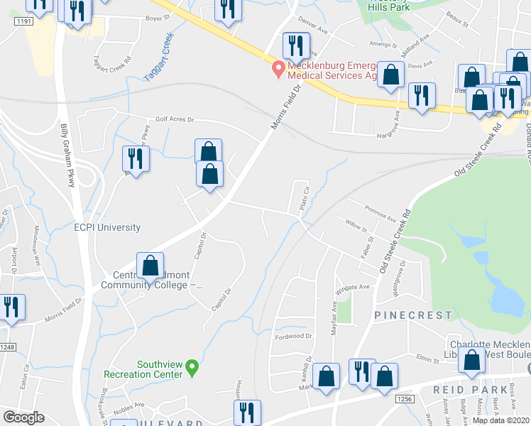 map of restaurants, bars, coffee shops, grocery stores, and more near 3212 Seymour Drive in Charlotte