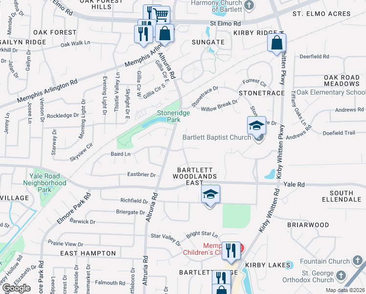map of restaurants, bars, coffee shops, grocery stores, and more near 3474 Angelin Drive in Memphis