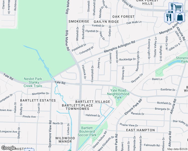 map of restaurants, bars, coffee shops, grocery stores, and more near 3449 Jenny Lane in Bartlett