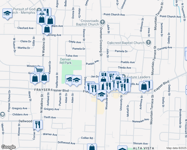 map of restaurants, bars, coffee shops, grocery stores, and more near 3462 Mark Twain Street in Memphis