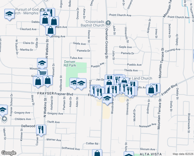 map of restaurants, bars, coffee shops, grocery stores, and more near 3462 Denver Street in Memphis