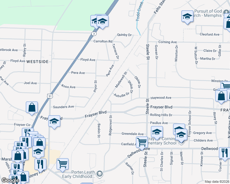 map of restaurants, bars, coffee shops, grocery stores, and more near 3457 Madewell Street in Memphis