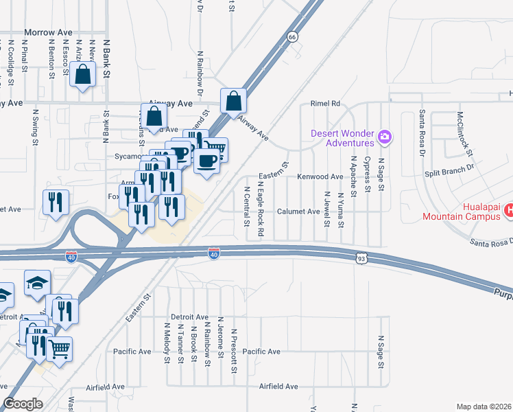 map of restaurants, bars, coffee shops, grocery stores, and more near 3290 North Eagle Rock Road in Kingman