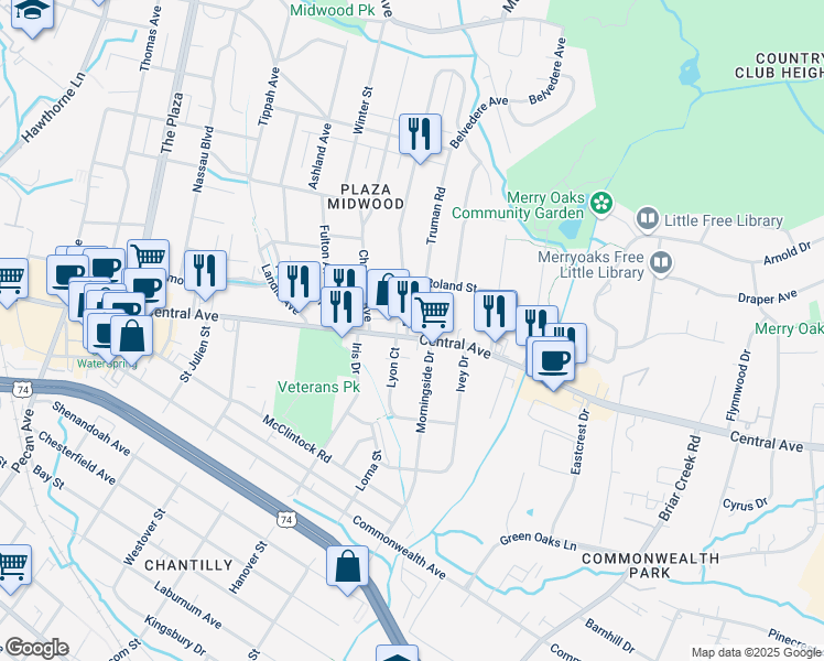 map of restaurants, bars, coffee shops, grocery stores, and more near 2501 Central Avenue in Charlotte