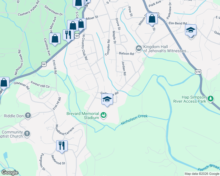 map of restaurants, bars, coffee shops, grocery stores, and more near 87 Jumping Branch Lane in Brevard