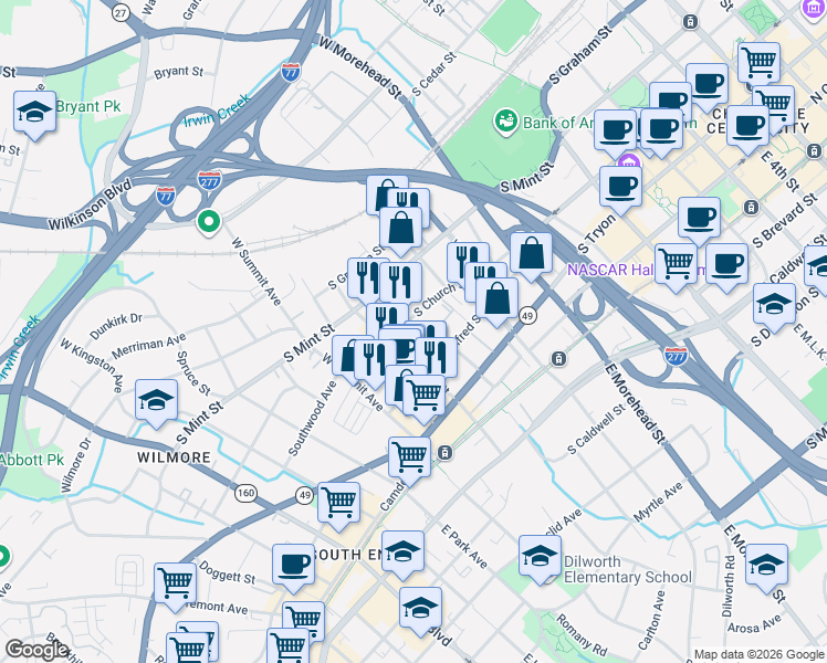 map of restaurants, bars, coffee shops, grocery stores, and more near 273 Lincoln Street in Charlotte