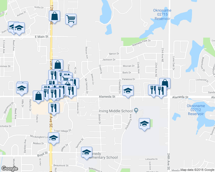 map of restaurants, bars, coffee shops, grocery stores, and more near 136 Vinita Drive in Norman