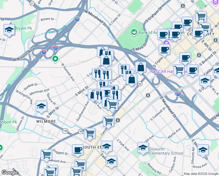 map of restaurants, bars, coffee shops, grocery stores, and more near 1309 South Church Street in Charlotte
