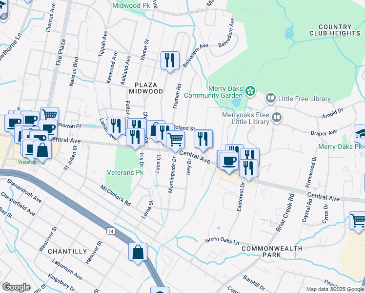 map of restaurants, bars, coffee shops, grocery stores, and more near 1618 Morningside Drive in Charlotte