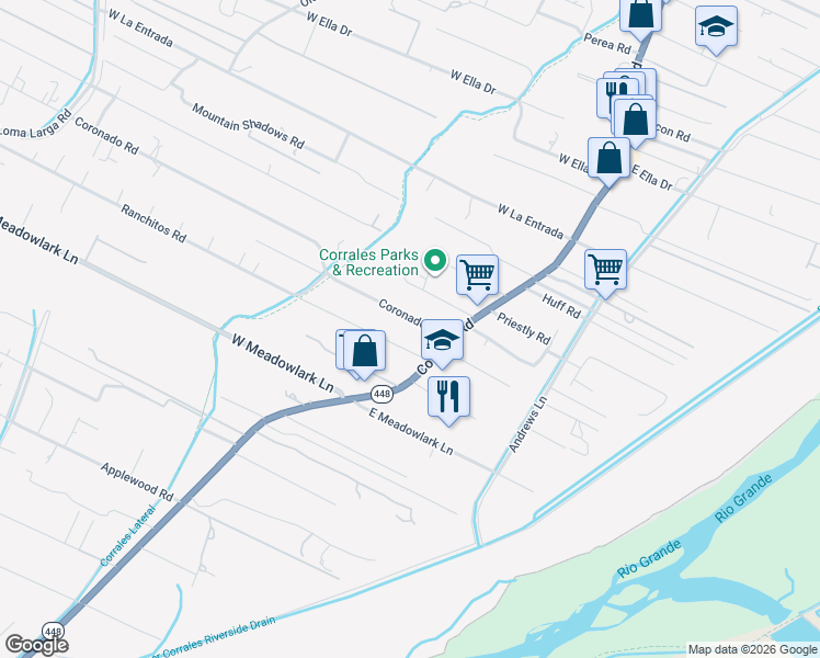map of restaurants, bars, coffee shops, grocery stores, and more near 112 Coronado Road in Corrales